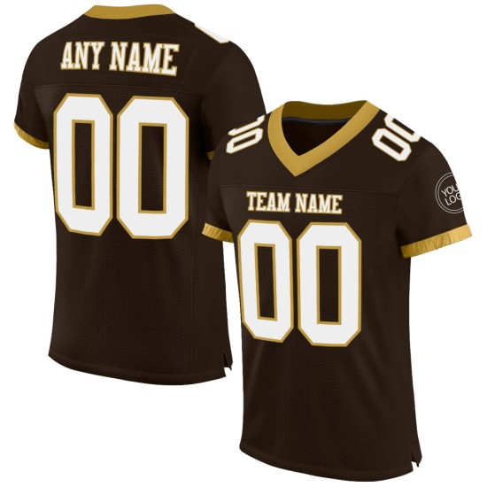 Maglia da football americano in maglia bianca e marrone antico, autentica, personalizzata in oro Maglia da football americano in maglia bianca e marrone antico, autentica, personalizzata in oro