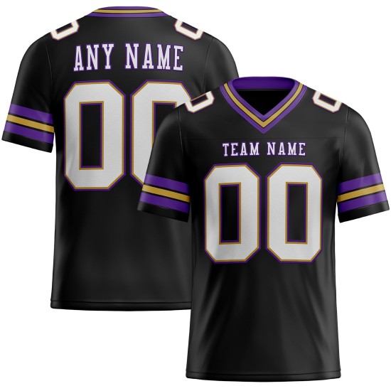 Maglia da football personalizzata autentica in maglia nera oro-viola, bianca antica Maglia da football personalizzata autentica in maglia nera oro-viola, bianca antica