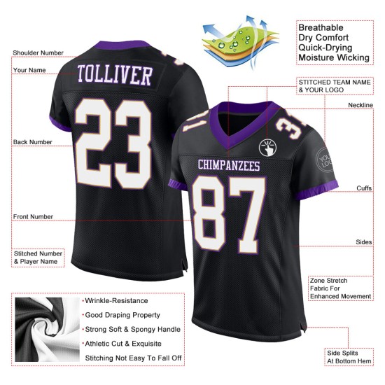 Maglia da football personalizzata nera autentica in maglia bianca e viola Maglia da football personalizzata nera autentica in maglia bianca e viola