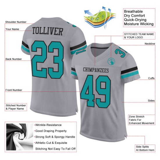 Maglia da football personalizzata grigia autentica verde acqua-nera Maglia da football personalizzata grigia autentica verde acqua-nera