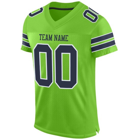 Maglia da calcio autentica blu navy e bianca, personalizzata, verde neon Maglia da calcio autentica blu navy e bianca, personalizzata, verde neon