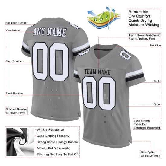 Maglia da football personalizzata autentica bianca e nera in mesh grigia Maglia da football personalizzata autentica bianca e nera in mesh grigia