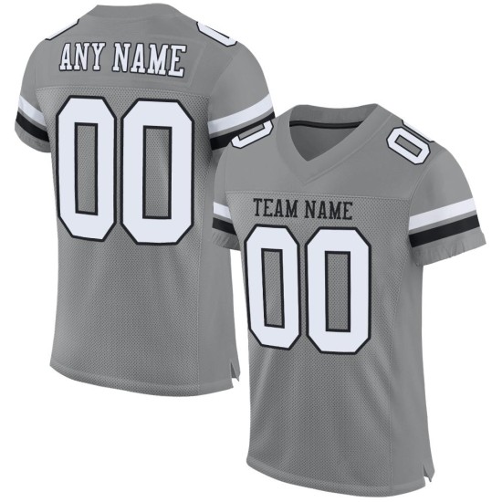 Maglia da football personalizzata autentica bianca e nera in mesh grigia Maglia da football personalizzata autentica bianca e nera in mesh grigia