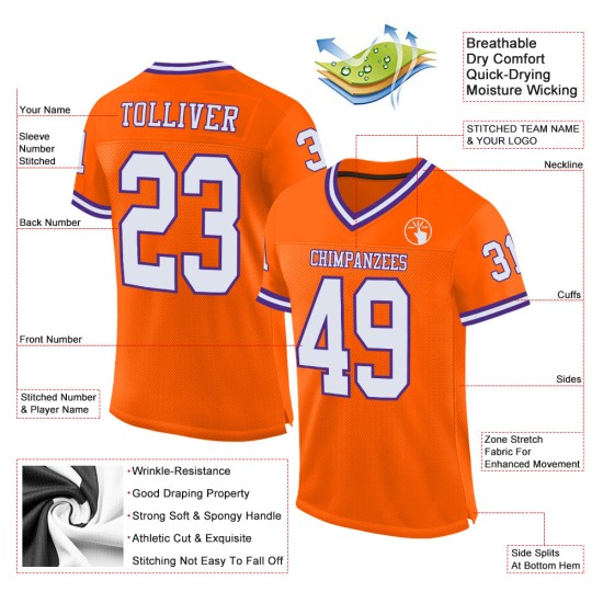 Maglia da football americano autentica, personalizzata, in mesh arancione, bianco-viola Maglia da football americano autentica, personalizzata, in mesh arancione, bianco-viola