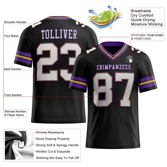 Maglia da football personalizzata autentica in maglia nera oro-viola, bianca antica Maglia da football personalizzata autentica in maglia nera oro-viola, bianca antica