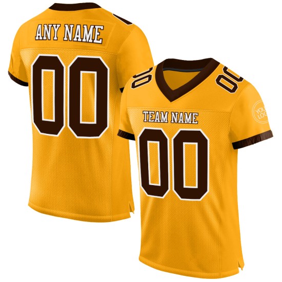 Maglia da football personalizzata marrone-bianca autentica in oro Maglia da football personalizzata marrone-bianca autentica in oro