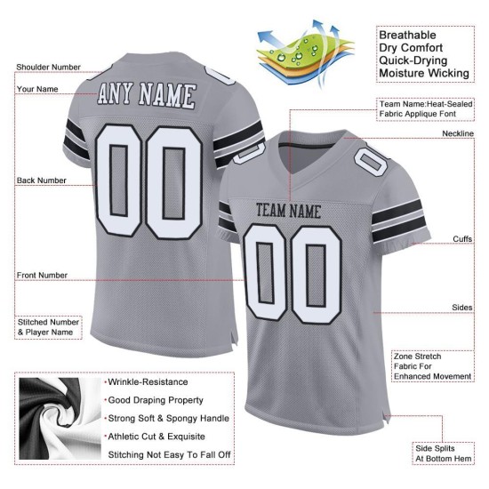 Maglia da calcio leggera bianca-nera grigia autentica personalizzata in mesh Maglia da calcio leggera bianca-nera grigia autentica personalizzata in mesh