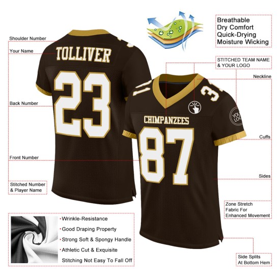 Maglia da football americano in maglia bianca e marrone antico, autentica, personalizzata in oro Maglia da football americano in maglia bianca e marrone antico, autentica, personalizzata in oro