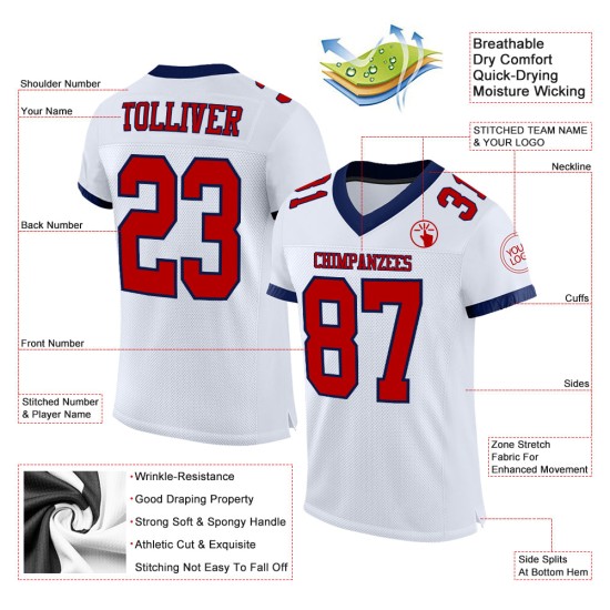 Maglia da football autentica personalizzata in maglia bianca rossa e blu navy Maglia da football autentica personalizzata in maglia bianca rossa e blu navy