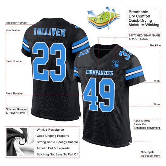 Maglia da calcio autentica blu-bianca nera in polvere personalizzata Maglia da calcio autentica blu-bianca nera in polvere personalizzata