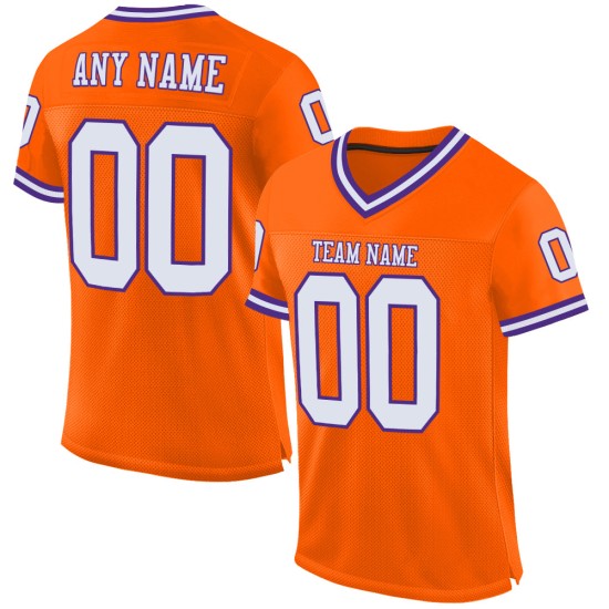 Maglia da football americano autentica, personalizzata, in mesh arancione, bianco-viola Maglia da football americano autentica, personalizzata, in mesh arancione, bianco-viola