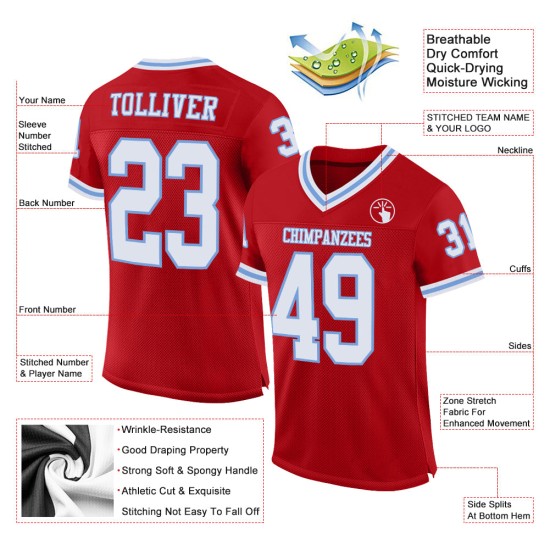 Maglia da football personalizzata rossa autentica, bianca e leggera, maglia blu retrò Maglia da football personalizzata rossa autentica, bianca e leggera, maglia blu retrò
