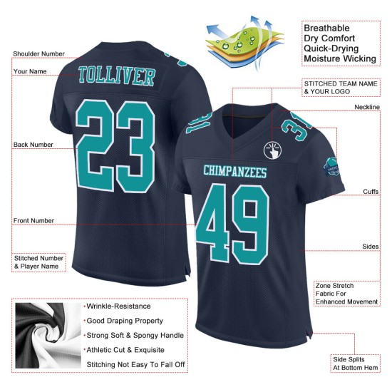 Maglia da calcio personalizzata autentica, blu navy, acquamarina e bianca Maglia da calcio personalizzata autentica, blu navy, acquamarina e bianca