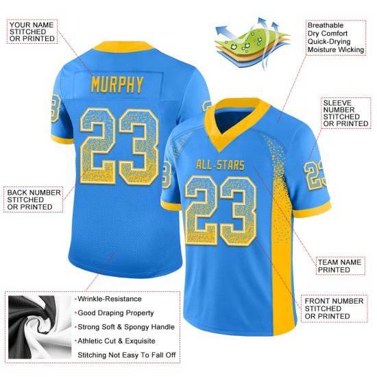 Maglia da calcio personalizzata Drift Mesh Fashion, oro-bianco-blu Maglia da calcio personalizzata Drift Mesh Fashion, oro-bianco-blu