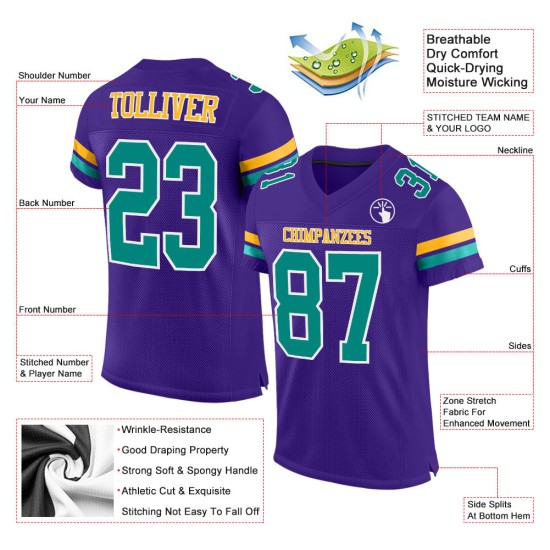 Maglia da calcio personalizzata viola autentica color acquamarina e oro