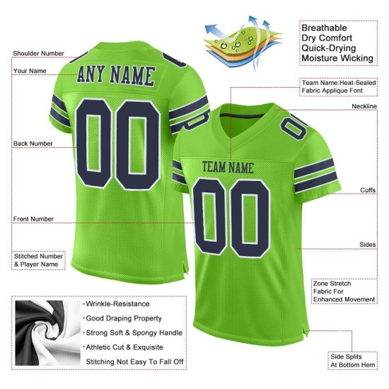 Maglia da calcio autentica blu navy e bianca, personalizzata, verde neon Maglia da calcio autentica blu navy e bianca, personalizzata, verde neon