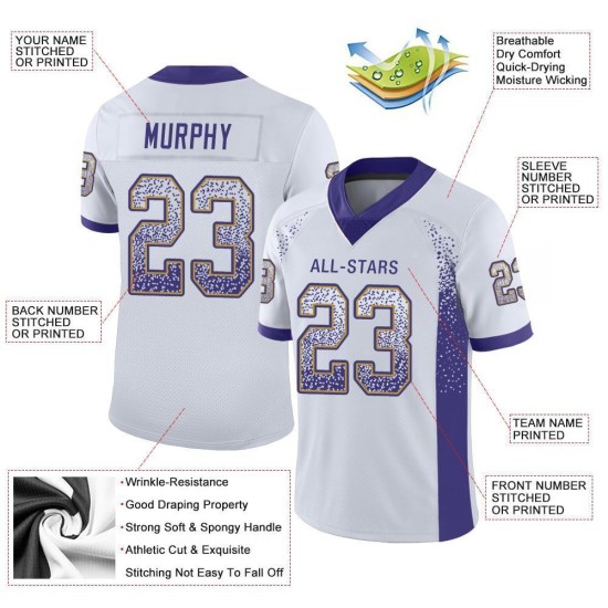 Maglia da football bianca personalizzata viola-oro antico Drift Mesh Fashion Maglia da football bianca personalizzata viola-oro antico Drift Mesh Fashion