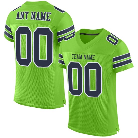 Maglia da calcio autentica blu navy e bianca, personalizzata, verde neon Maglia da calcio autentica blu navy e bianca, personalizzata, verde neon