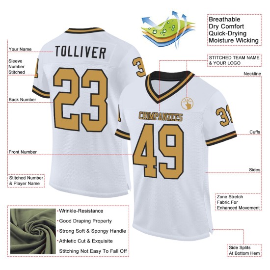Maglia da football bianca personalizzata, autentica, in maglia nera e oro, stile retrò Maglia da football bianca personalizzata, autentica, in maglia nera e oro, stile retrò