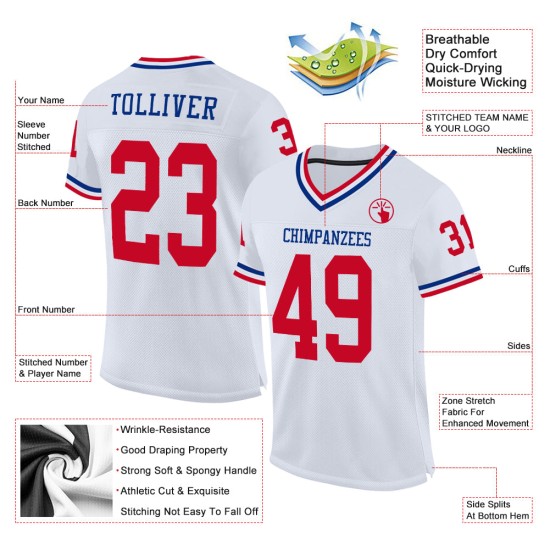 Maglia da football americana personalizzata, autentica, in maglia, stile retrò, bianca, rosso-blu Maglia da football americana personalizzata, autentica, in maglia, stile retrò, bianca, rosso-blu