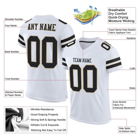 Maglia da football autentica personalizzata Mesh Gold, bianca e nera, Vegas Maglia da football autentica personalizzata Mesh Gold, bianca e nera, Vegas