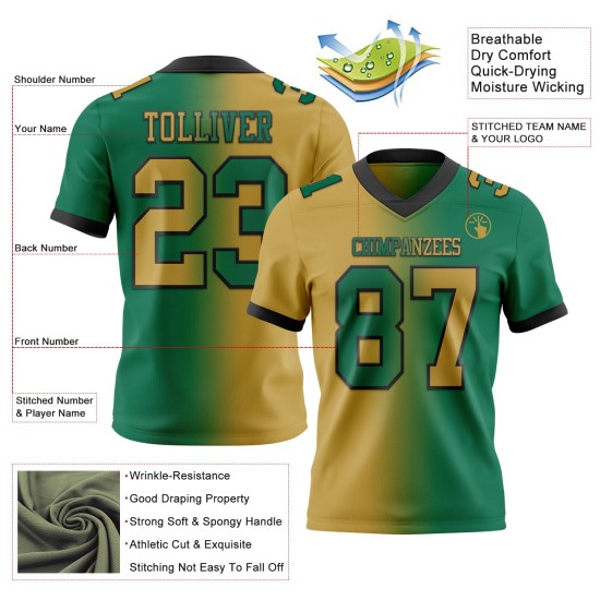 Maglia da football americano vintage in maglia sfumata, oro-nera, autentica, personalizzata, Kelly Green Fashion Maglia da football americano vintage in maglia sfumata, oro-nera, autentica, personalizzata, Kelly Green Fashion
