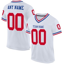Maglia da football americana personalizzata, autentica, in maglia, stile retrò, bianca, rosso-blu