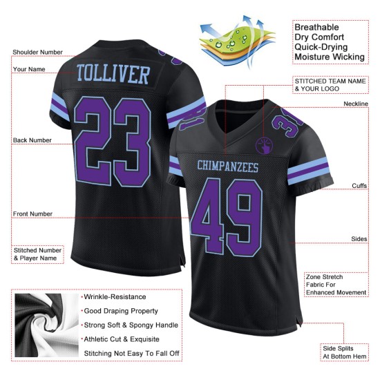 Maglia da calcio personalizzata autentica blu viola-chiara in mesh nera Maglia da calcio personalizzata autentica blu viola-chiara in mesh nera